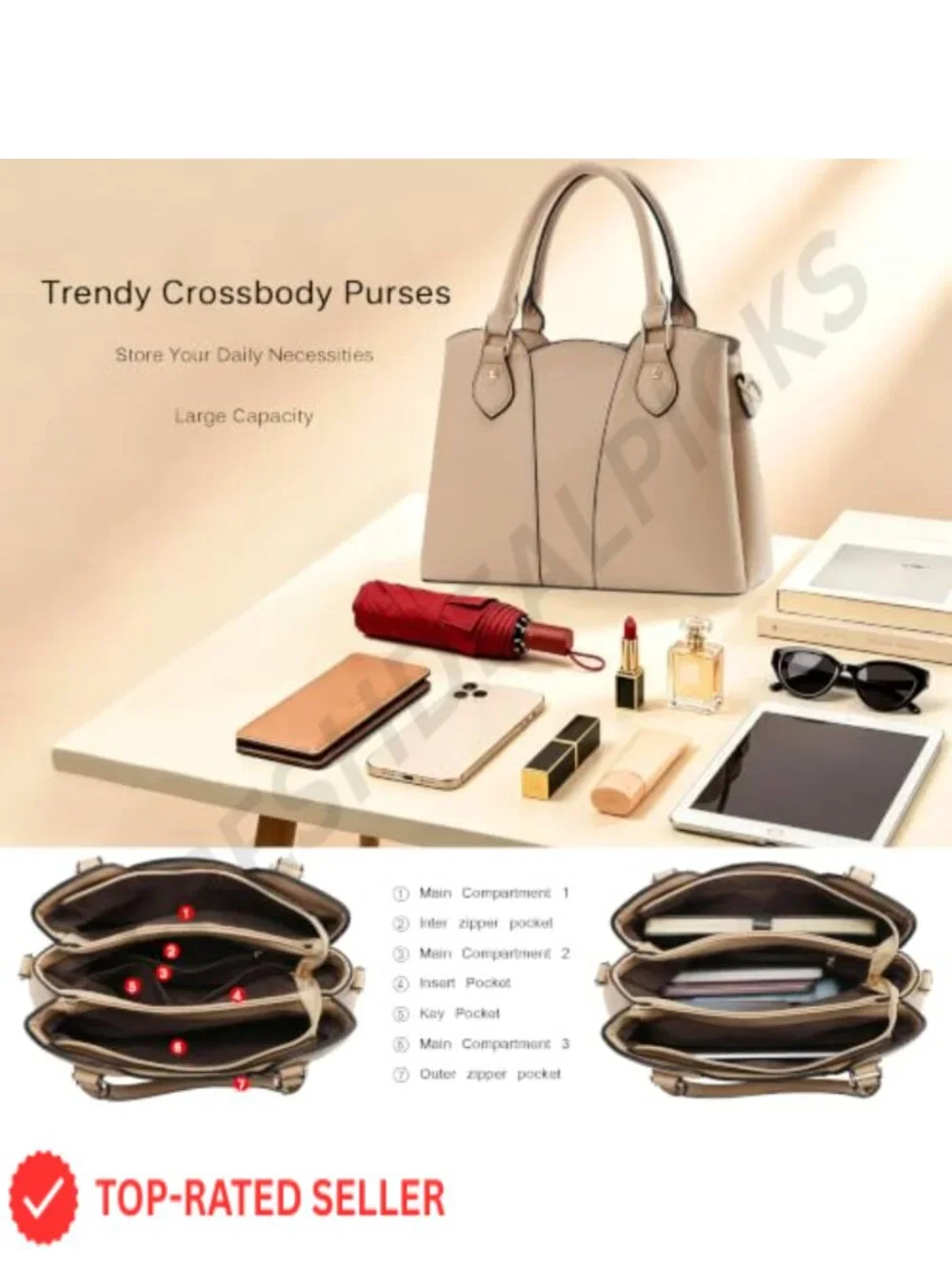 Women's Vegan Leather Crossbody Satchel Handbag Tote with Zipper Top Handle